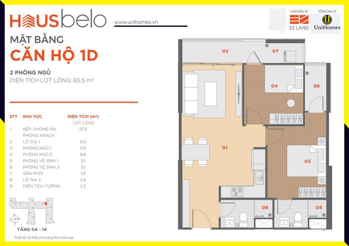 Thiết kế căn hộ 1D dự án Hausbelo quận 9