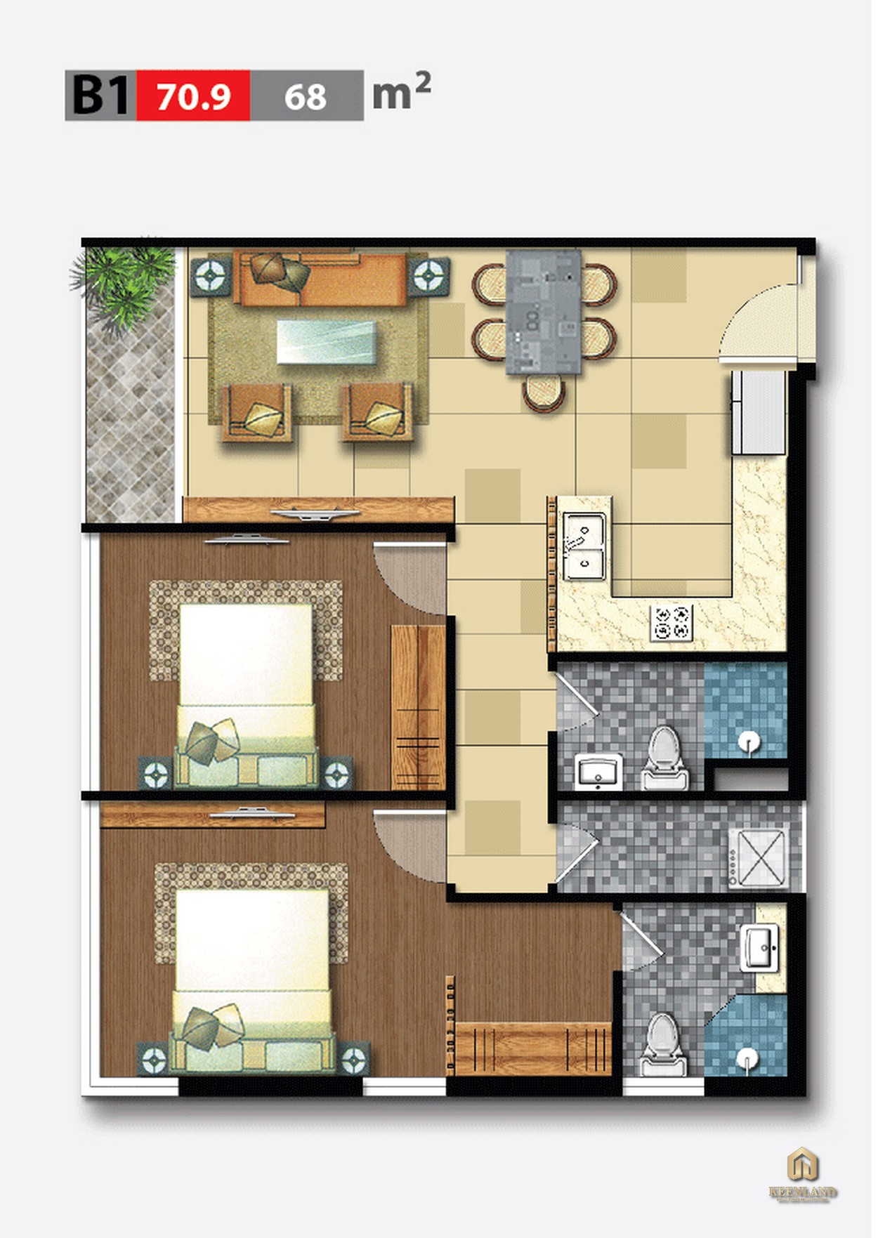Thiết kế chi tiết căn hộ 2 phòng ngủ