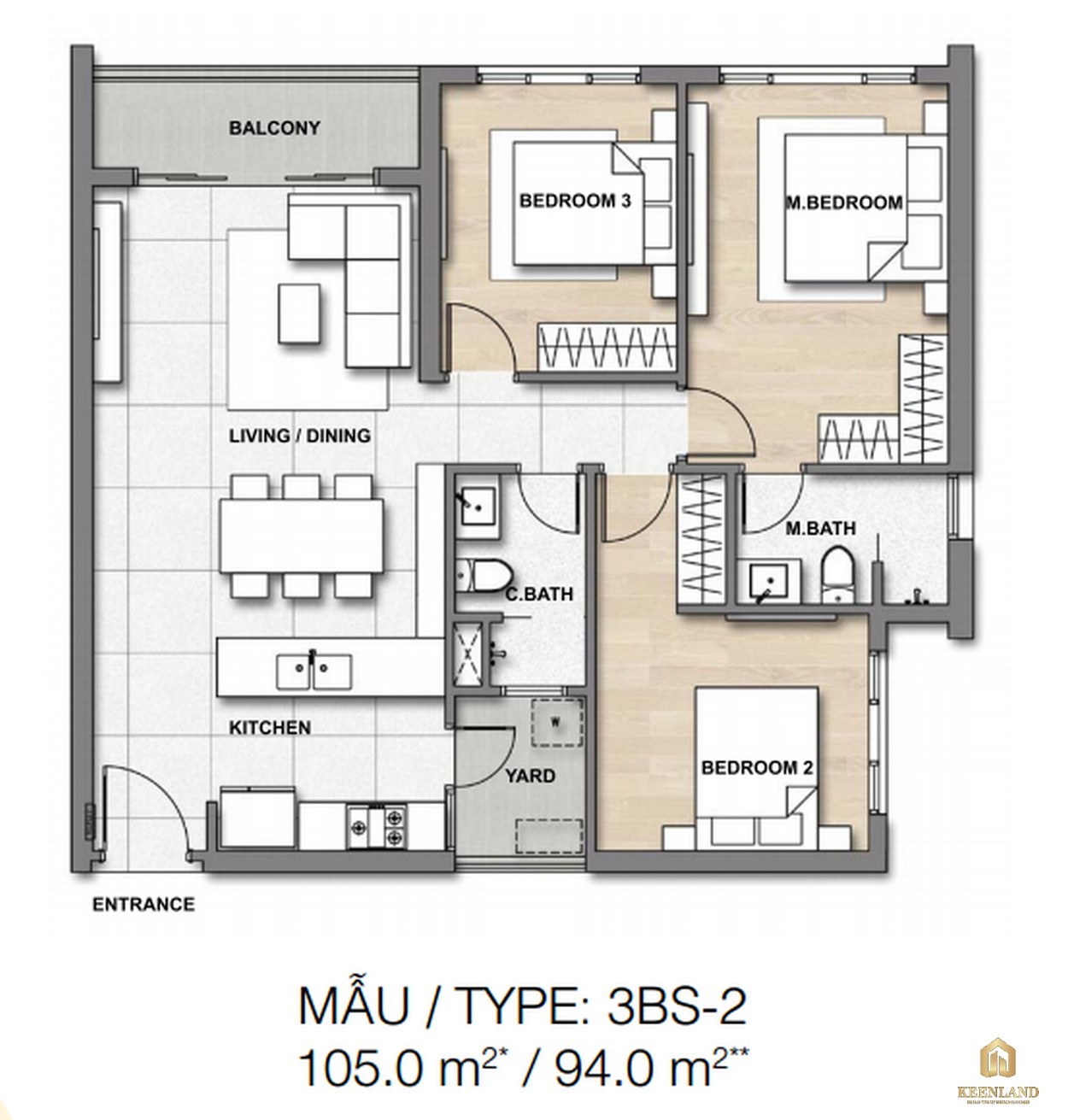 Thiết kế chi tiết căn hộ 3BS-2 ​dự án căn hộ chung cư Palm Heights Quận 2