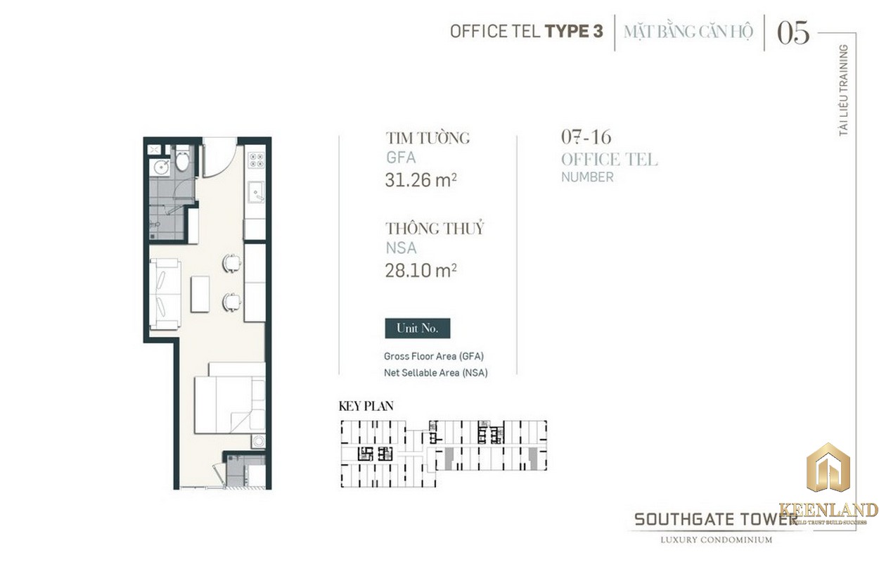 Thiết kế Officetel dự án South Gate Tower Quận 7 Loại 03 Diện tích 31.26m2 Diện tích thông thủy: 28.1m2