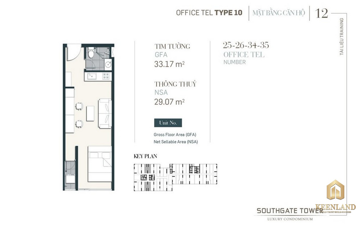 Thiết kế Officetel dự án South Gate Tower Quận 7 Loại 10 Diện tích 33.17m2 Diện tích thông thủy: 29.07m2