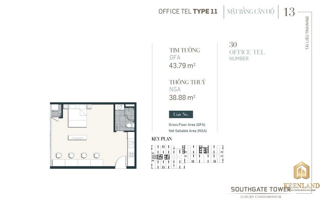 Thiết kế Officetel dự án South Gate Tower Quận 7 Loại 11 Diện tích xây dựng 47.79m2 Diện tích thông thủy: 38.88m2