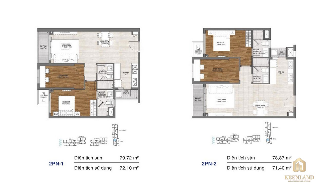 Thiết kế chi tiết căn hộ chung cư One Verandah Quận 2 - loại 2 phòng ngủ 1-2