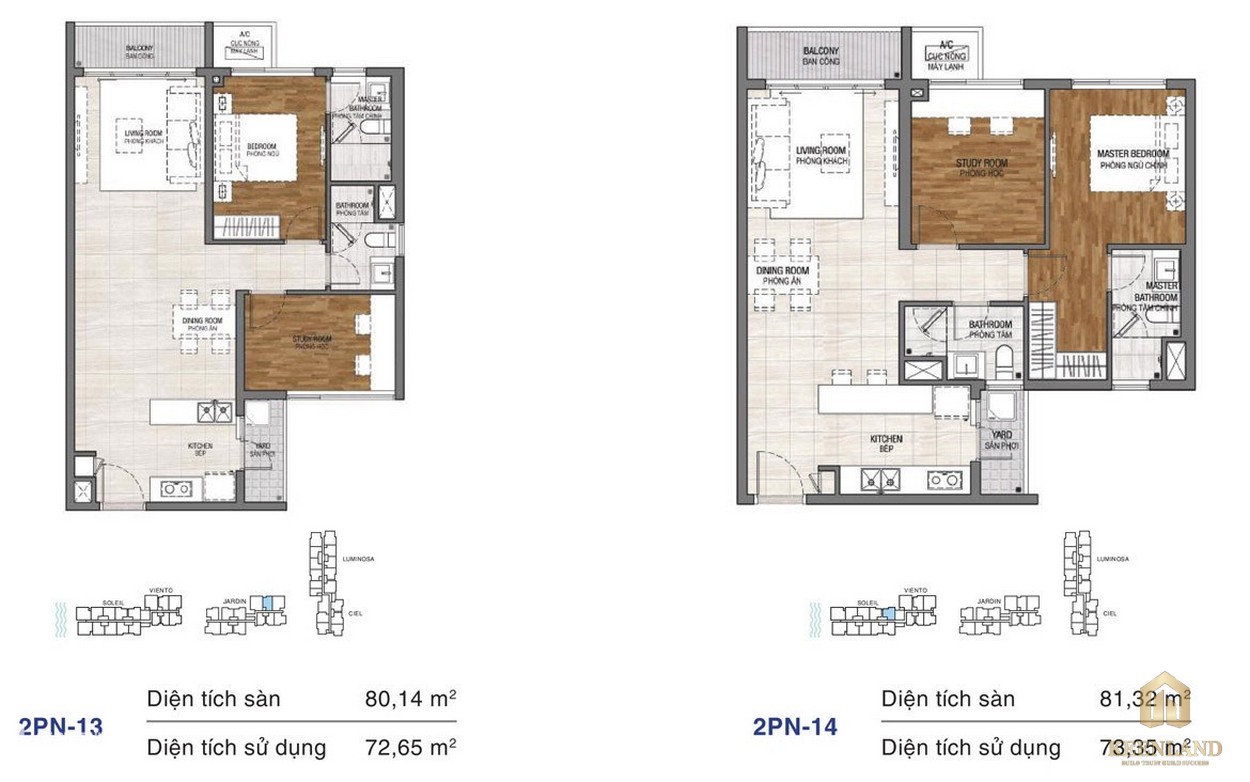 Thiết kế chi tiết căn hộ chung cư One Verandah Quận 2 - loại 2 phòng ngủ 13-14