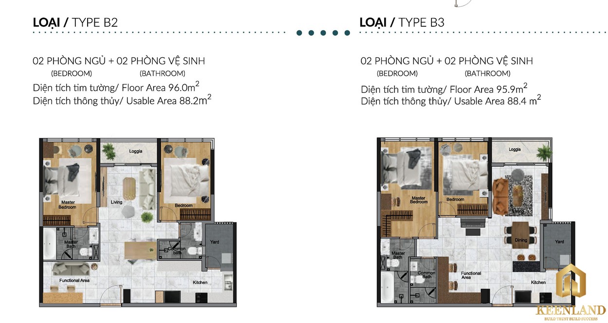 Mẫu căn hộ 2 Phòng Ngủ - 2 WC (95.9 - 96m2) Diamond Centery