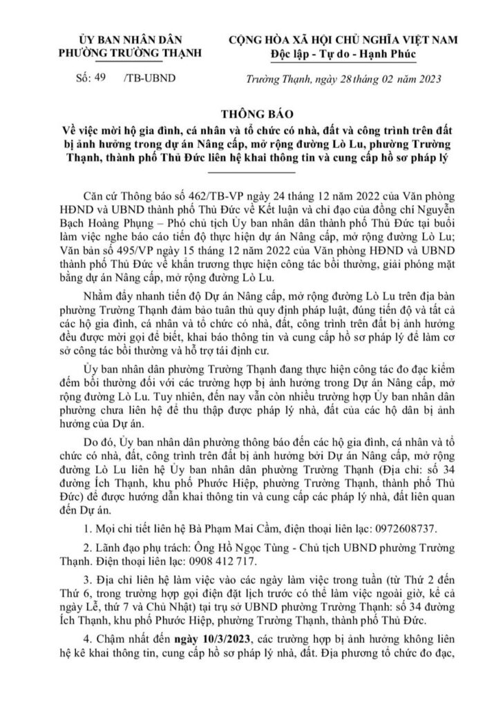 Tờ 1: Thông bàn giao mặt bằng - Quy hoạch mở rộng đường Lò Lu Quận 9