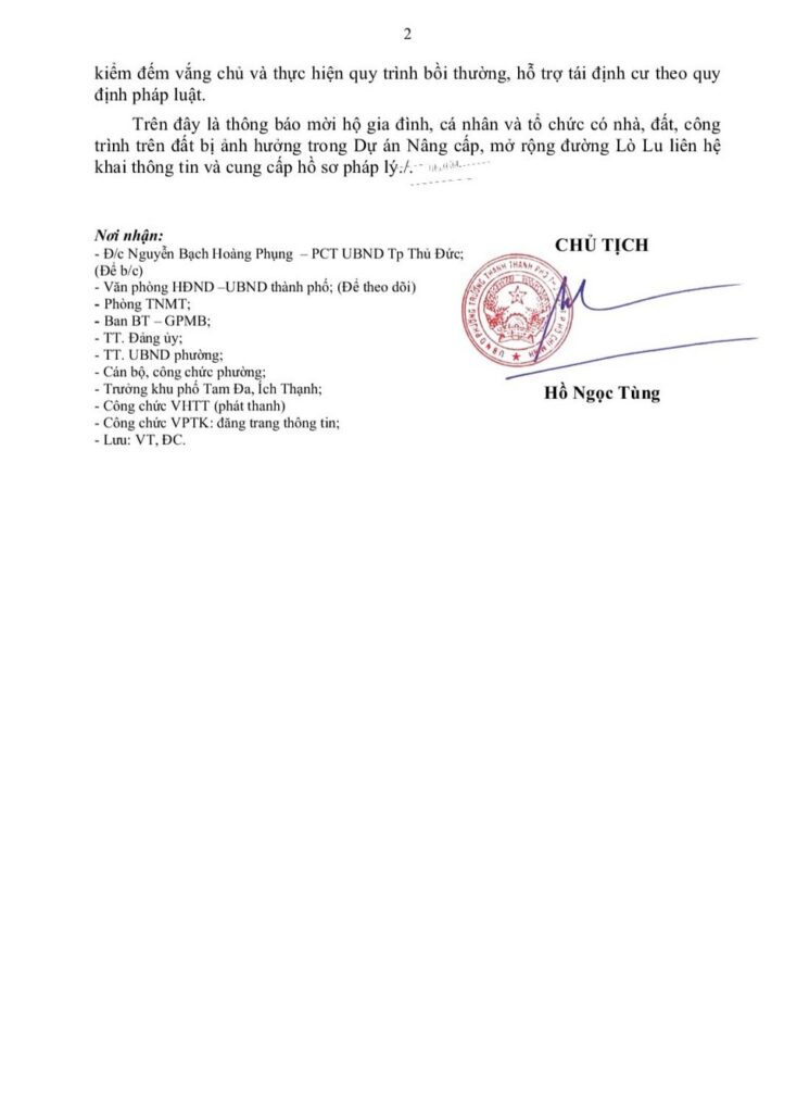 Tờ 2: Thông bàn giao mặt bằng - Quy hoạch mở rộng đường Lò Lu Quận 9